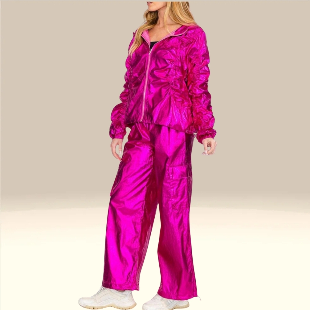 Mettalic Rushed 2 Pc Jacket And Pant Set